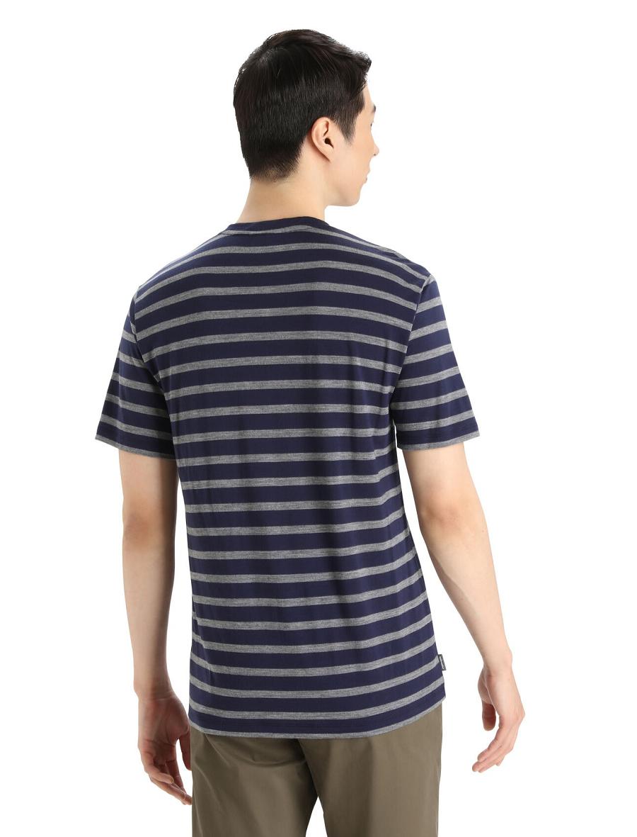 Midnight Navy / Gritstone Heather Men's Icebreaker Merino Drayden Short Sleeve Stripe T Shirts | USA 1184WNBY